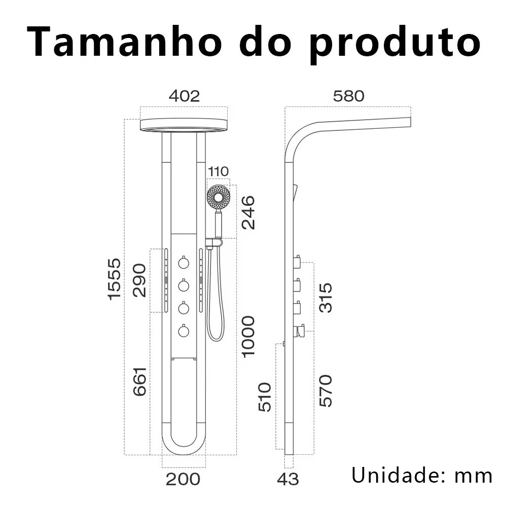 Chuveiro Coluna de Banho Digital Inteligente com Hidromassagem e LED Premium
