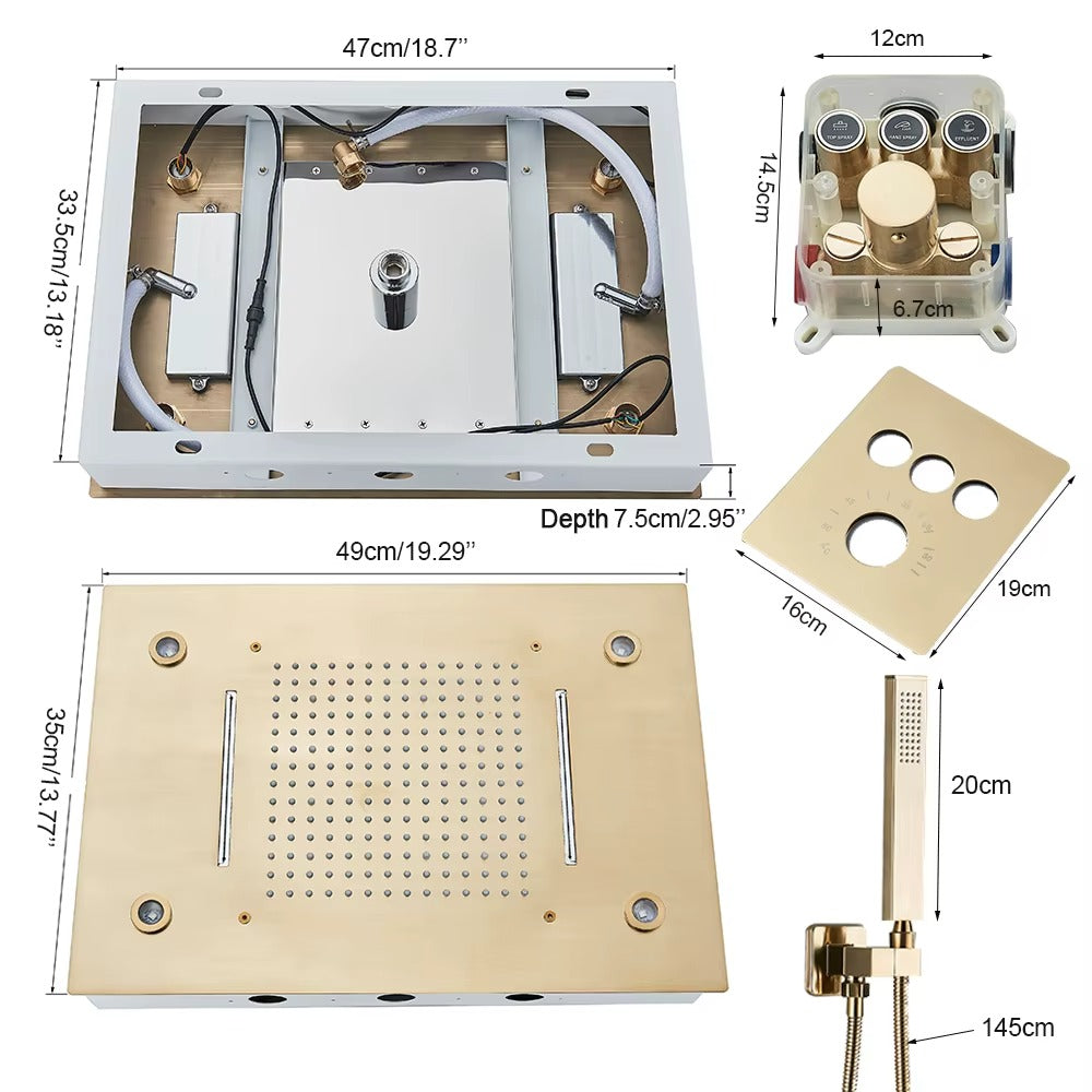 Chuveiro Embutido de Teto Lumière Cascata LED com Controle – Royale - Ouro Escovado 12