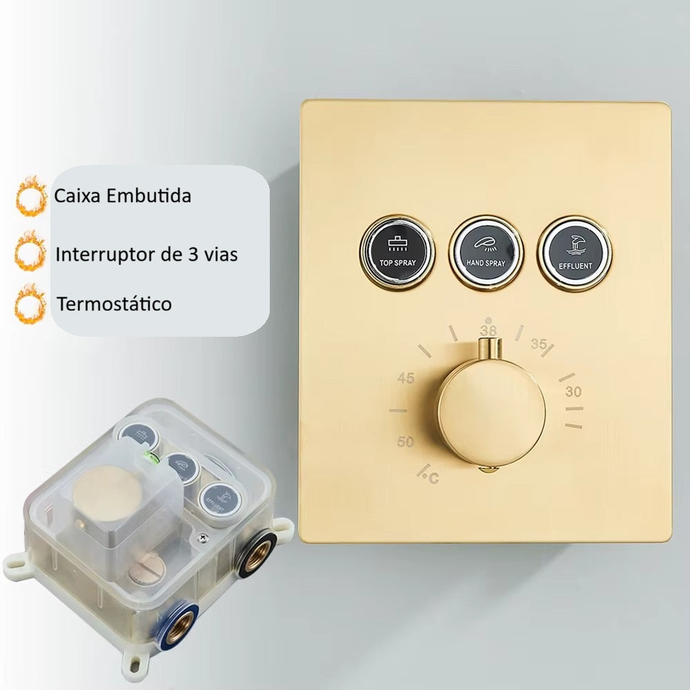 Chuveiro Embutido de Teto Lumière Cascata LED com Controle – Royale - Ouro Escovado 17