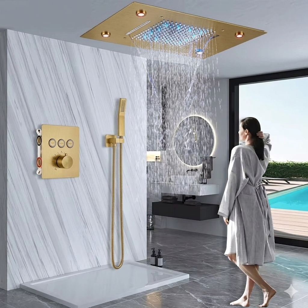 Chuveiro Embutido de Teto Lumière Cascata LED com Controle – Royale - Ouro Escovado 2