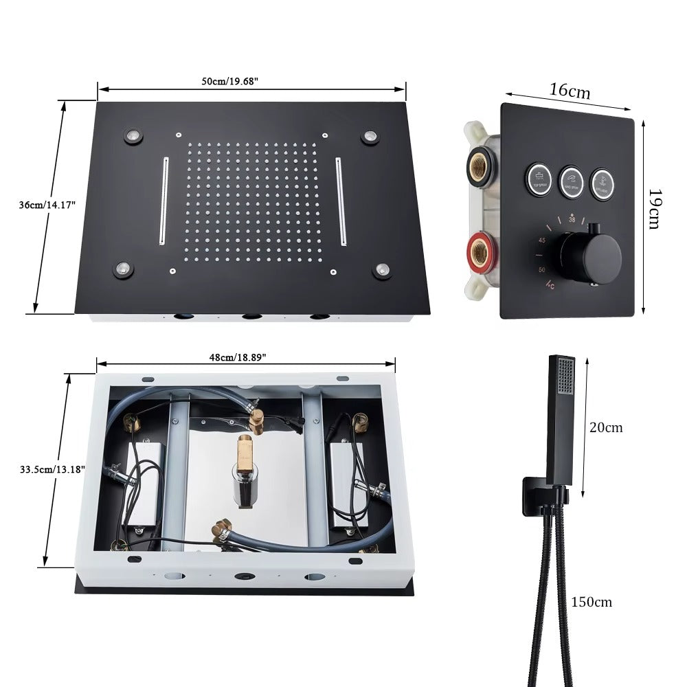 Chuveiro Embutido de Teto Lumière Cascata LED com Controle – Royale - Preto Fosco Matte