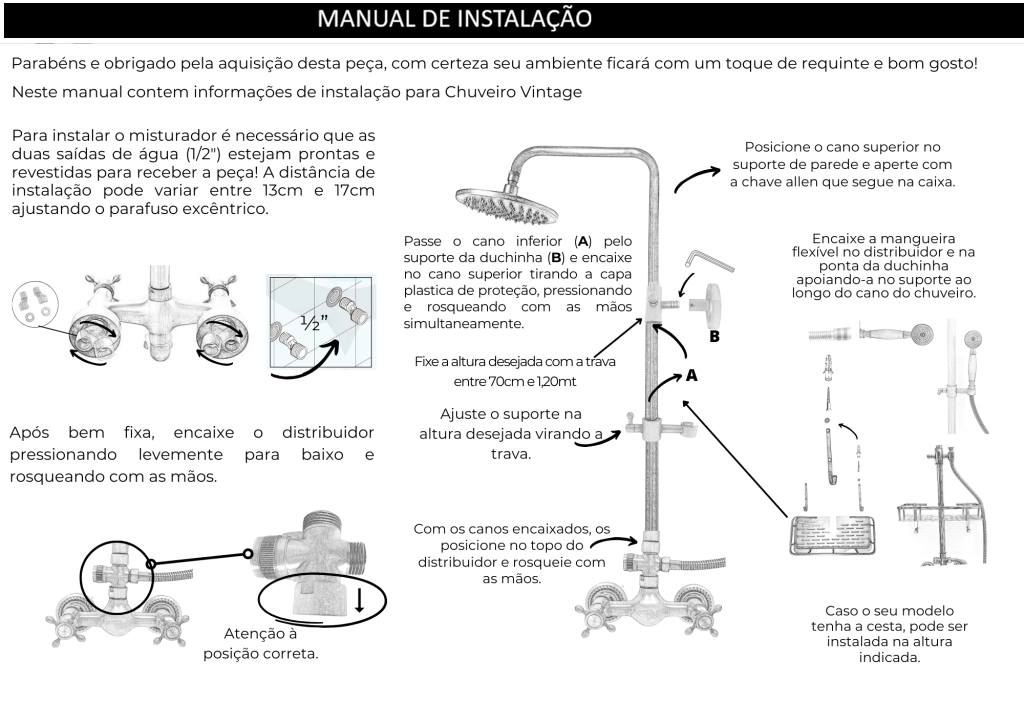Chuveiro Ouro Mate Bronze Escovado Coluna de Banho - Vintage